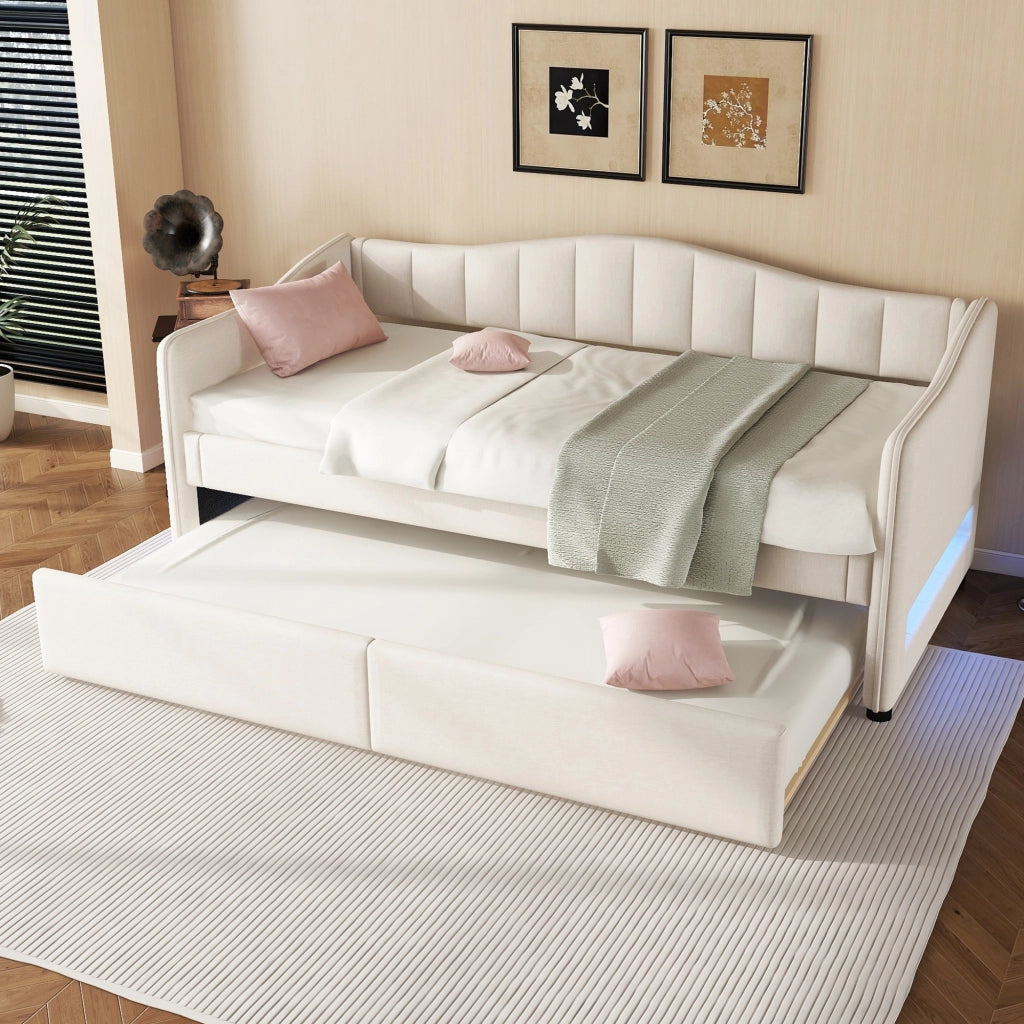 OKWISH Letto a Scomparsa 90×200 cm, Letto Singolo con Letto Estraibile, LED Regolabile e Luce d’Atmosfera, senza Materasso, Lino, Beige