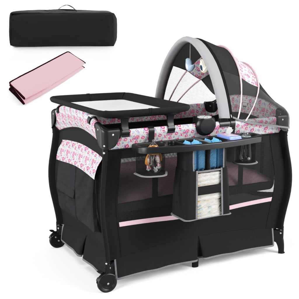 Centro neonati con borsa da viaggio per neonato, Pack and play 4 in 1 portatile Nero Rosa
