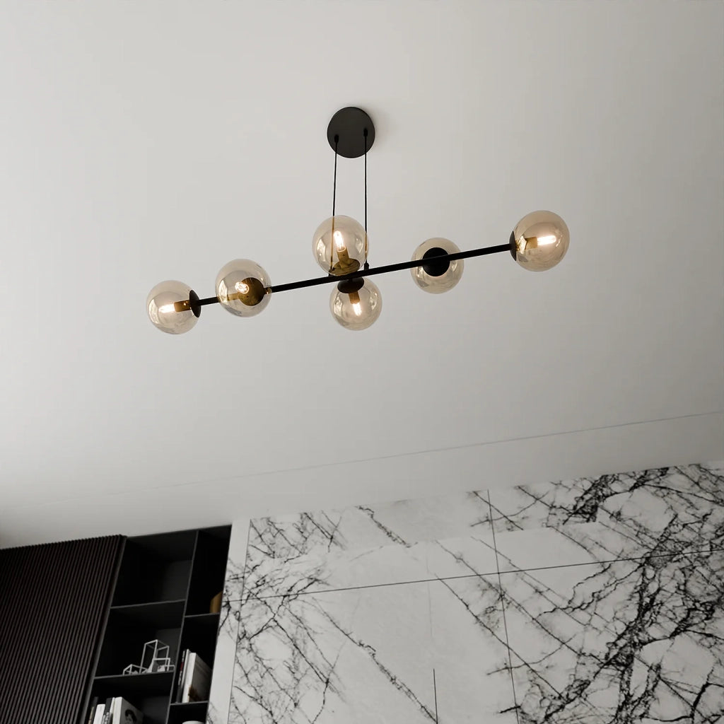 Lampadario Contemporaneo 6 Luci Durga In Acciaio Nero E Sfere In Vetro Ambra