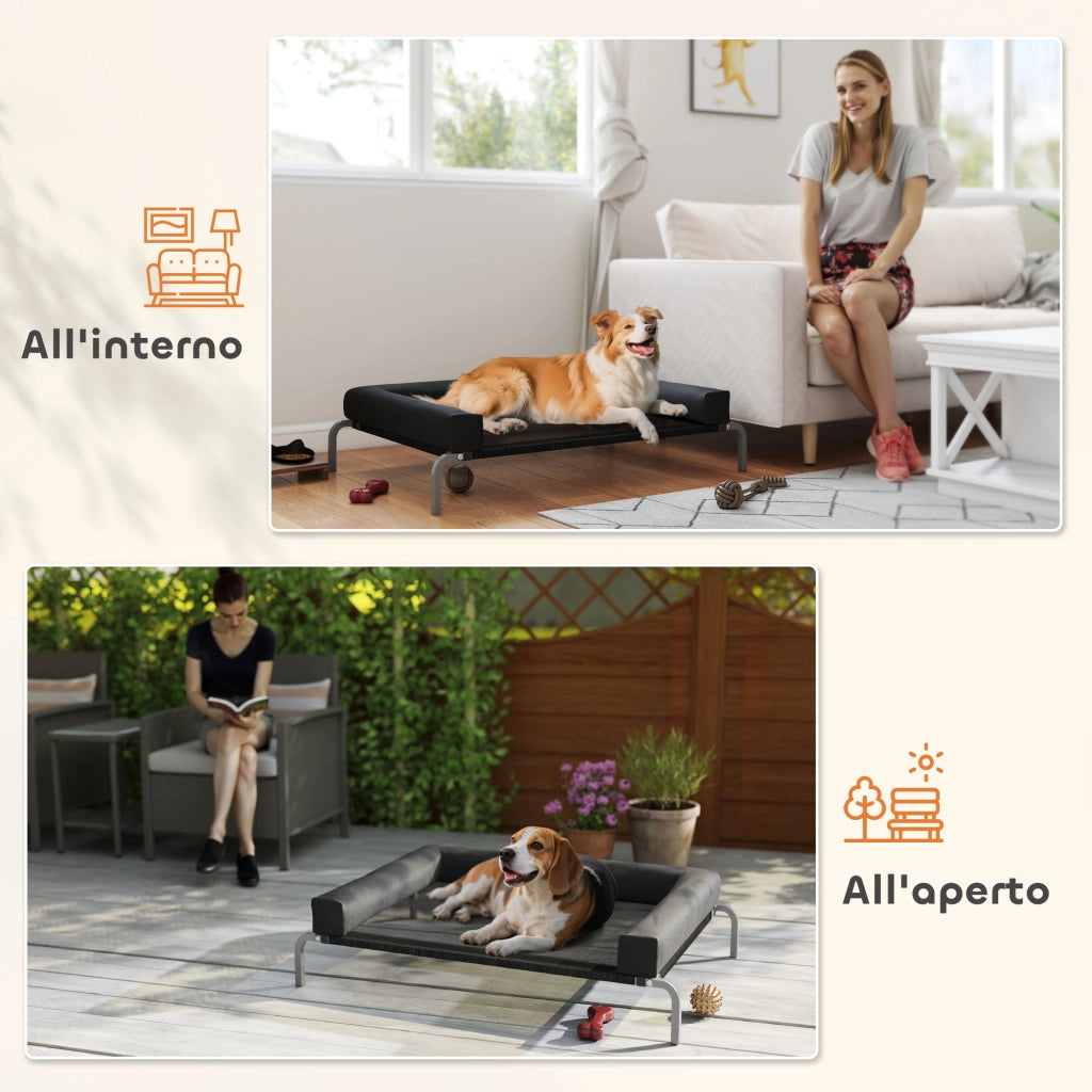 Lettino per Cani Rialzato di 19.5 cm con Cuscino a U, in Poliestere e Acciaio, 110x75x30 cm, Nero e Argento
