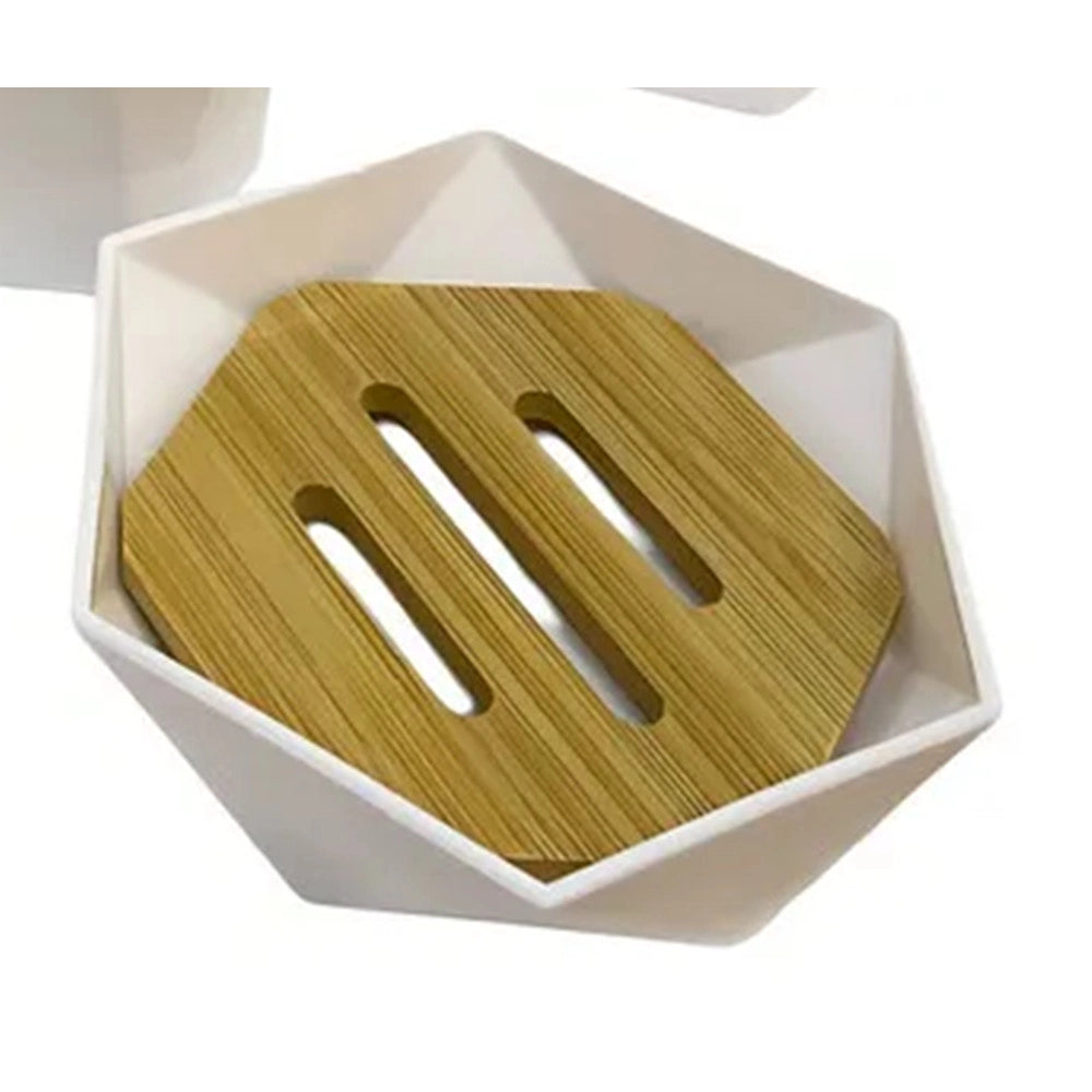 Trade Shop - Piattino Porta Sapone Saponetta Forma Esagonale Geometrico Bianco Legno Da Bagno 10838 -