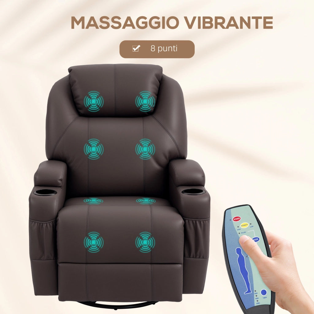 Poltrona Relax Massaggiante Reclinabile con 8 Punti Massaggio e 5 Modalità 84x92x109 cm Marrone Scuro