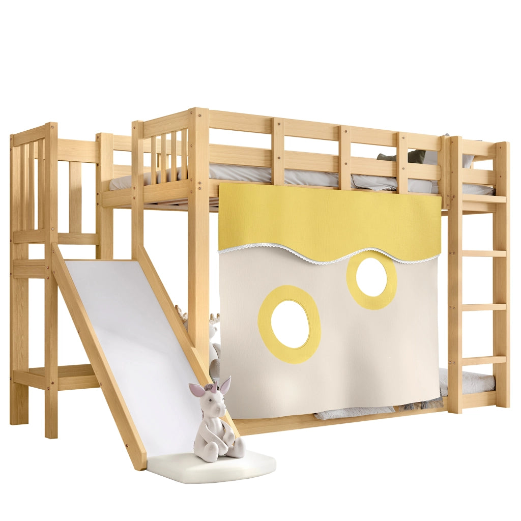 LETTO A CASTELLO con scivolo e scala 90x200 cm MDF e pino naturale con tende