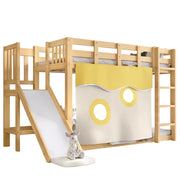 LETTO A CASTELLO con scivolo e scala 90x200 cm MDF e pino naturale con tende