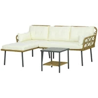 Salotto da Giardino in Rattan PE con Chaise Longue, Divano 2 Posti e Tavolino, Crema