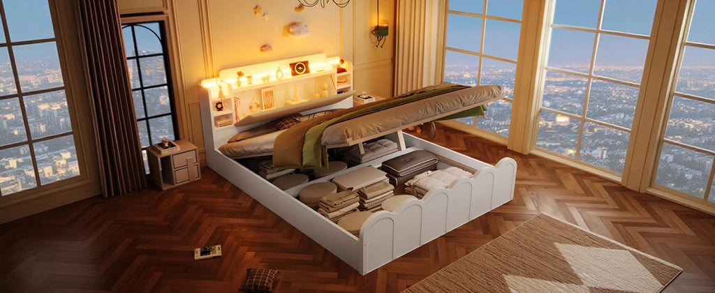 DESMIU Letto contenitore 140 × 200 cm 2 posti con USB Type-C, LED e vano idraulico, senza materasso, bianco