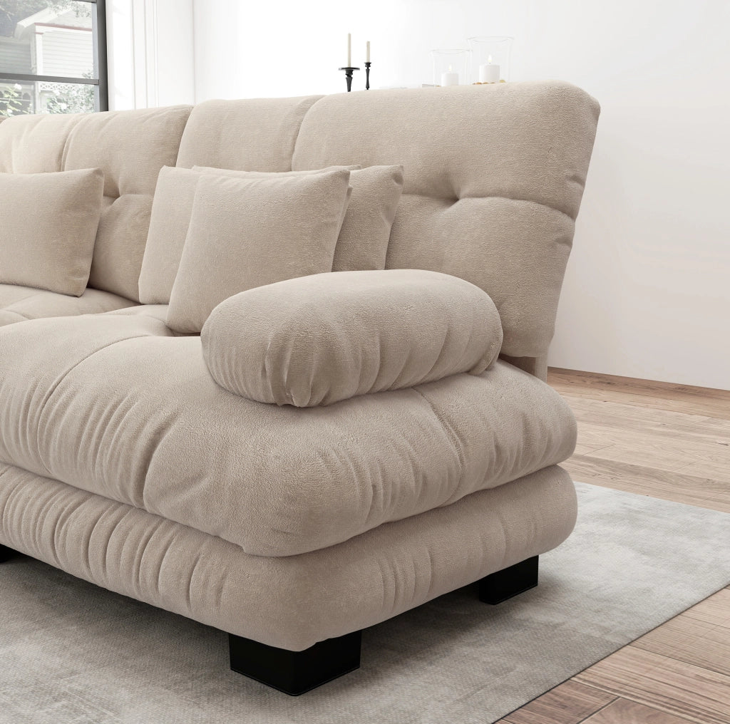 Divano angolare modulare U 313x145x81 cm in chenille beige chiaro con ottoman –