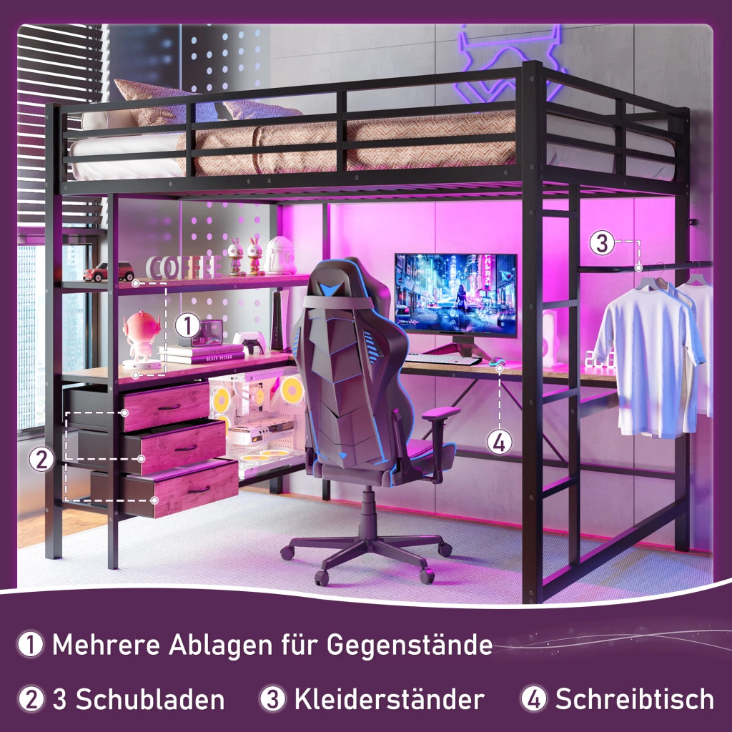 OKWISH Letto a soppalco 140×200 cm, Letto Matrimoniale con LED, Scrivania, Presa, USB, 3 Cassetti, Mensole e Scala, senza Materasso, Nero