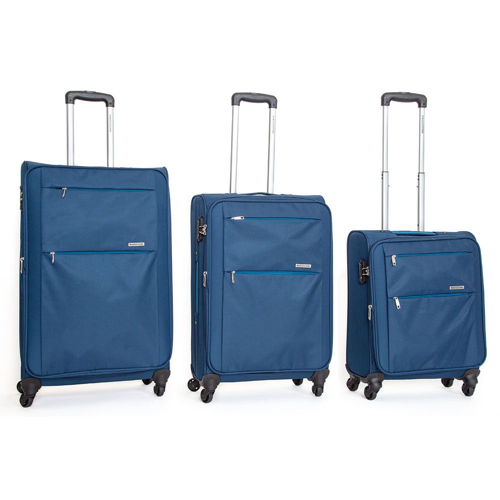 Set 3 Valigie Trolley Morbide in Poliestere 4 Ruote TSA Ravizzoni Acqua Blu