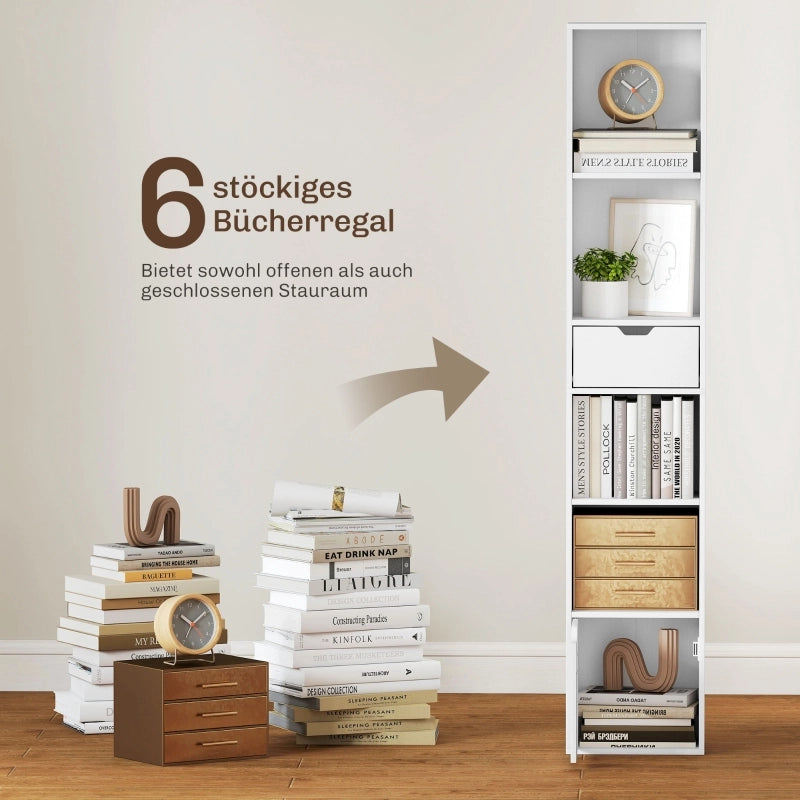 Libreria con 4 vani aperti, cassetto e anta, ripiano regolabile, per soggiorno, bianco, 87 × 36,5 × 15,5 cm