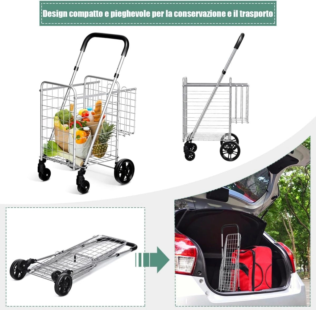Carrello Portaspesa Pieghevole, Carrello Spesa con Ruote Girevoli a 360 °, Manico Regolabile, 2 Cesti, Capacità di Carico: 20 kg, 58L, 43 x 52 x 89-95 cm (Argento)