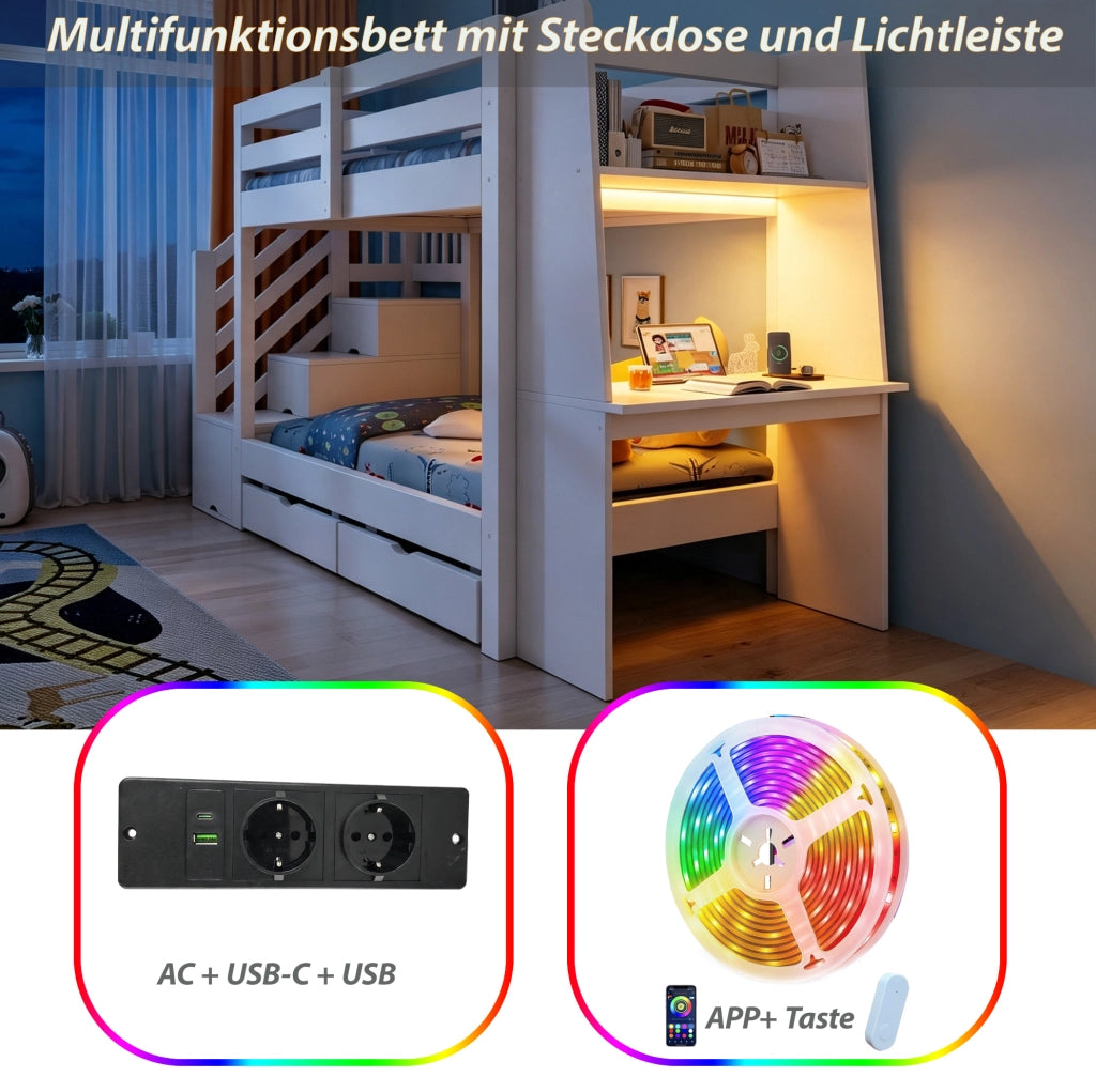 Letto a soppalco per bambini 90x200 cm in legno; con scrivania; LED e cassetti; bianco