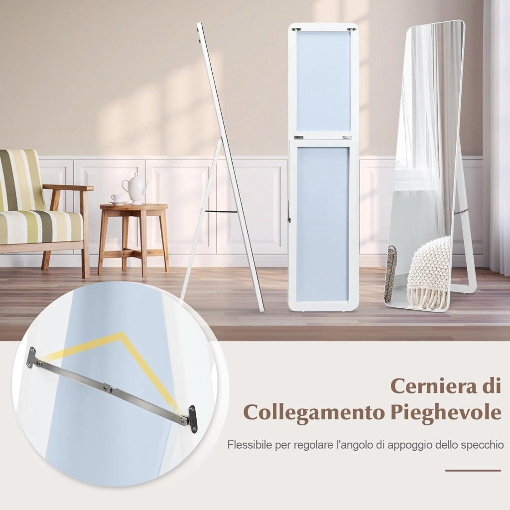 Specchiera da Terra Autoportante a Figura Intera, Specchio Rettangolare, Angolo Regolabile, 2 Metodi di Installazione, Bianco 160x37cm
