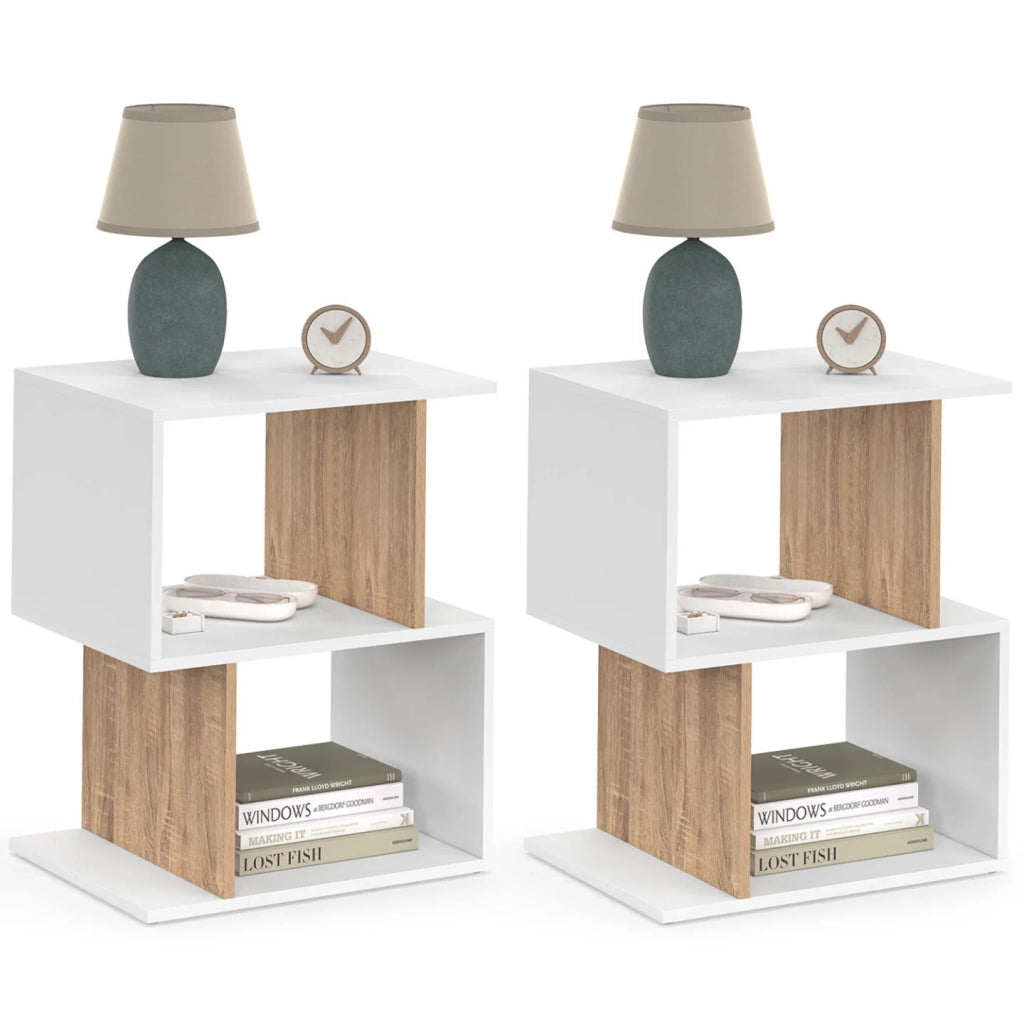 IDMarket - Set di 2 comodini a S SOFIA con contenitore a giorno, effetto bianco e faggio