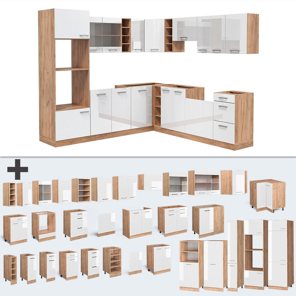 Cucina angolare completa R-Line Bianco lucido/Rovere dorato 247 x 237 cm, PL Marmo Vicco