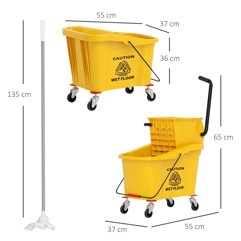 Secchio Lavapavimenti Professionale 36L con Mocio, Strizzatore, Ruote e Manico, 55x37x65 cm, Giallo