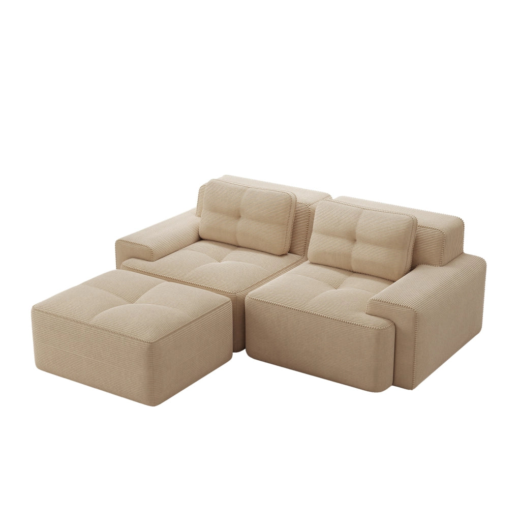 Divano modulare con seduta profonda; schienale curvo in corduroy beige