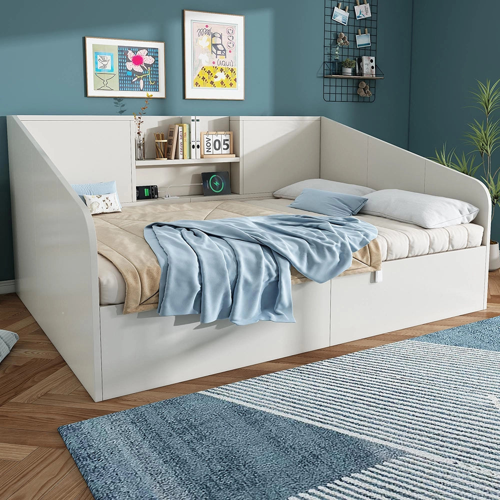 Letto giorno-Xylo-140x190cm legno 2 ripiani USB idraulico bianco senza materasso