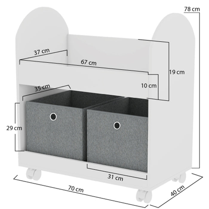 Scaffale per Bambini 2 Cassetti Tessuto Libreria Ruote Scaffalatura Portaoggetti