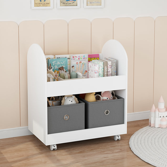 Scaffale per Bambini 2 Cassetti Tessuto Libreria Ruote Scaffalatura Portaoggetti