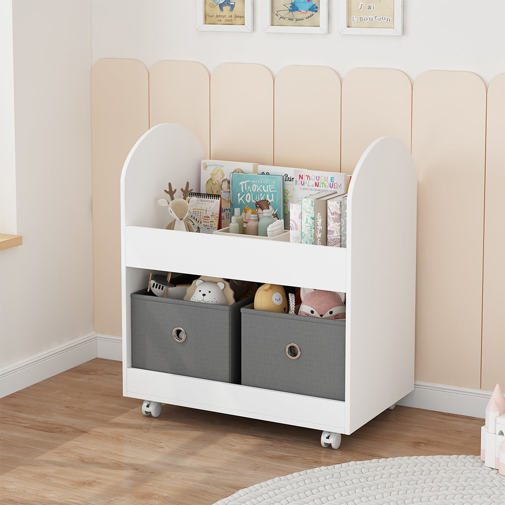 Scaffale per Bambini 2 Cassetti Tessuto Libreria Ruote Scaffalatura Portaoggetti