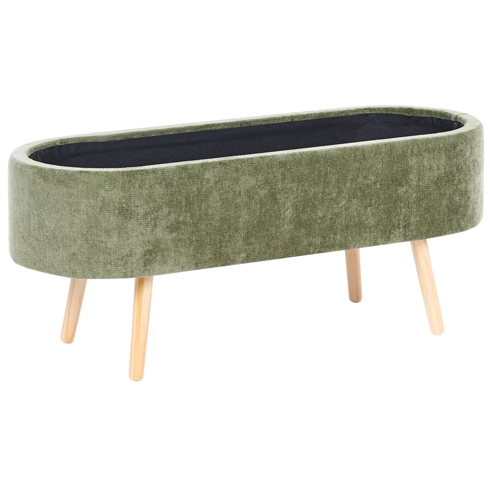 Panca in tessuto cinigliato verde con gambe in legno di pino e contenitore per camera da letto, soggiorno e accessori