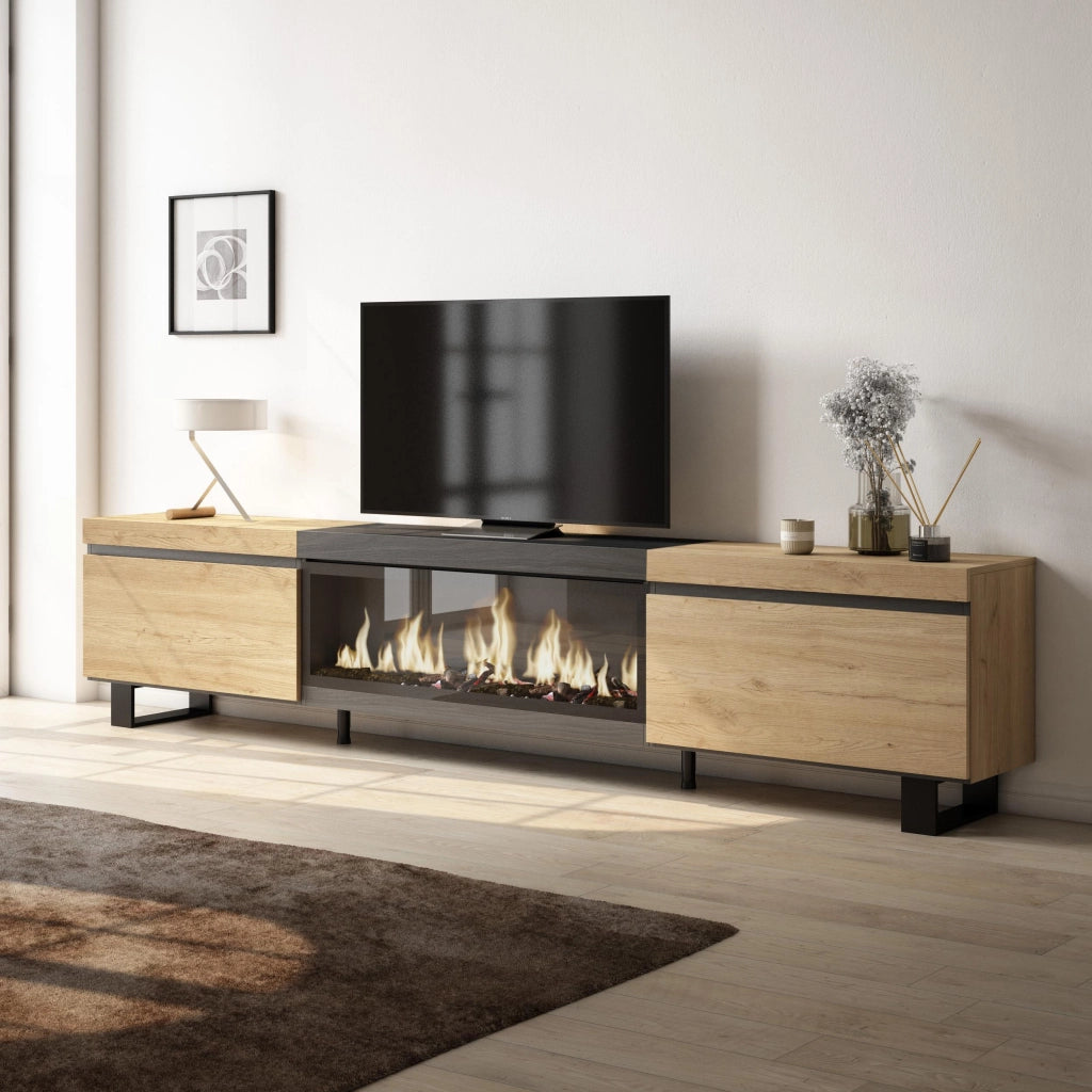 Mobile TV Soggiorno, 267x35x57cm, TV di grande formato, Camino elettrico XXL, Design industriale, colore Rovere e nero RF3603