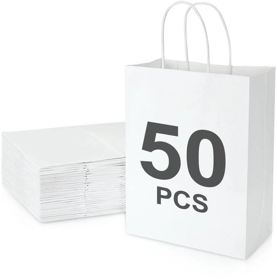 Sacchi di carta bianchi 50 pz - Sacchi di carta con manico - Sacchi di carta per regalo - Borse della spesa - Confezioni di regalo - Maniglie rinforzate - Sacchetti di carta per regalo