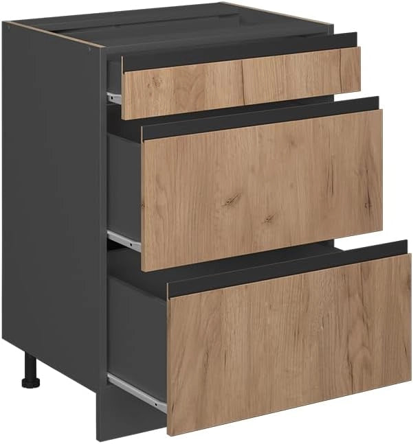 Mobiletto base per cucina R-Line, Quercia dorata, 60 cm Forma a J, con cassetti, senza piano di lavoro, per la libera combinazione all'interno di sistemi cucina modulari