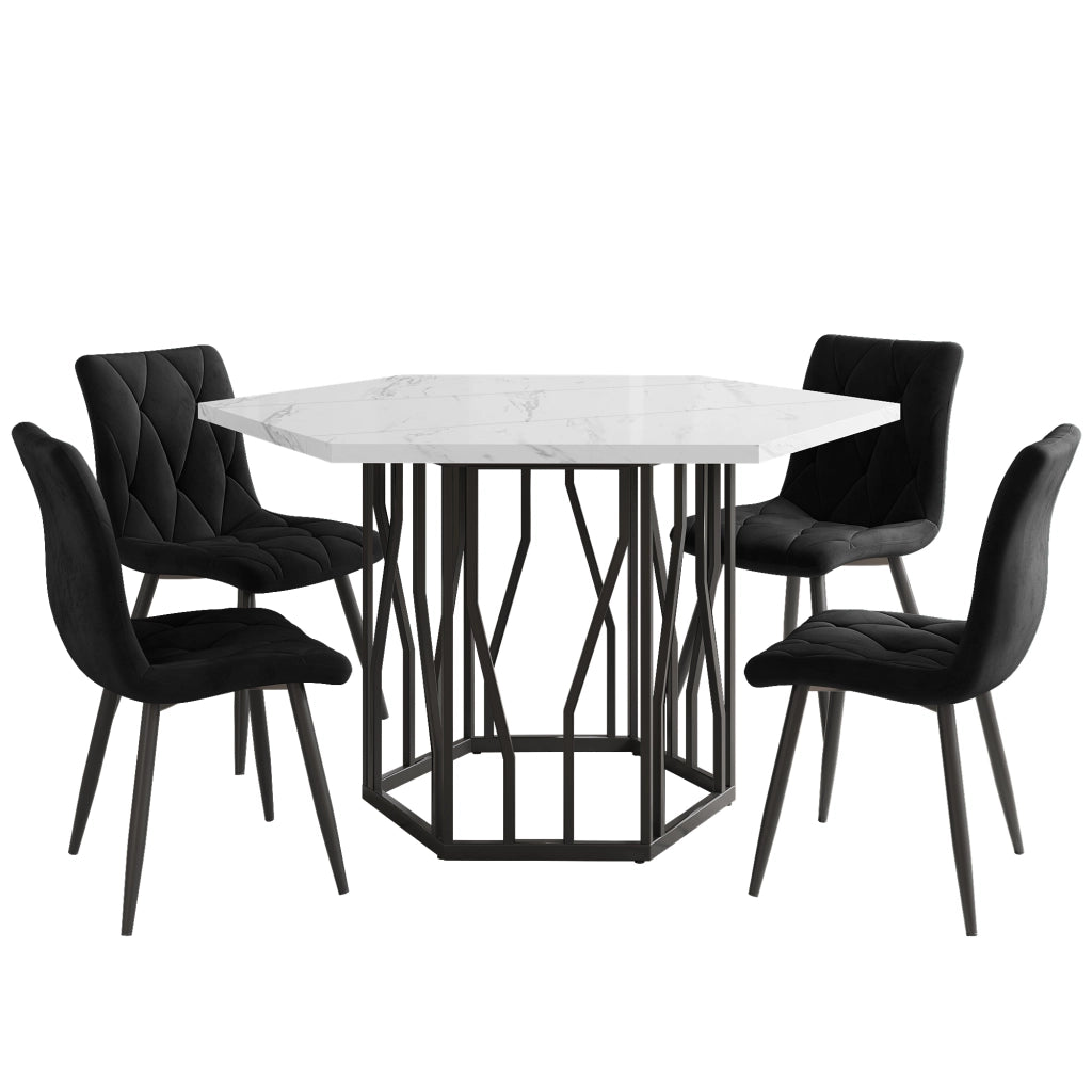Set Tavolo da Pranzo Esagonale e 4 Sedie in Velluto ¨C Xylo ¨C Effetto Marmo, Nero