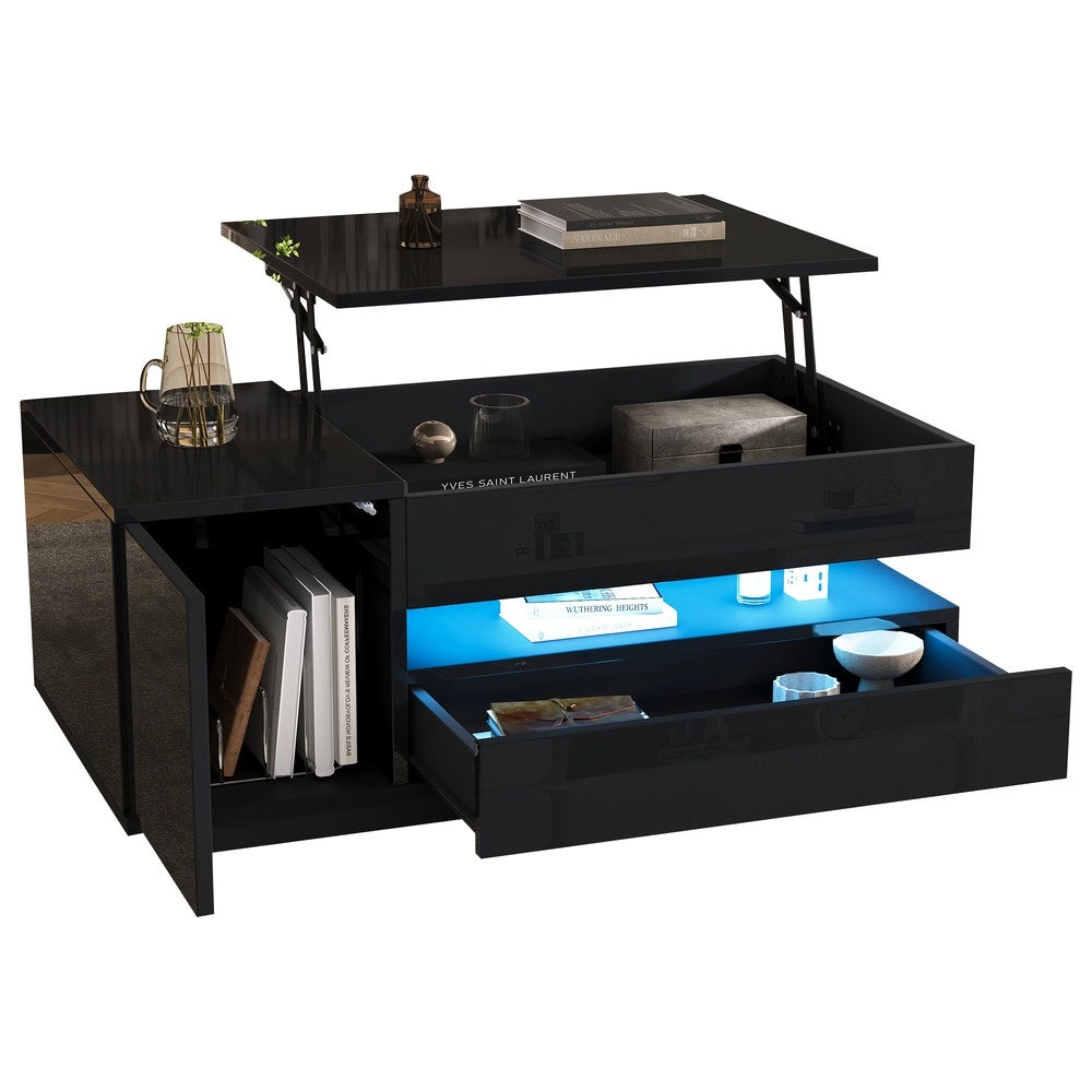 Tavolino da Caff¨¨ Sollevabile con LED, Cassetto e Vano ¨C MINIMAL ¨C Nero Lucido 95x50x40
