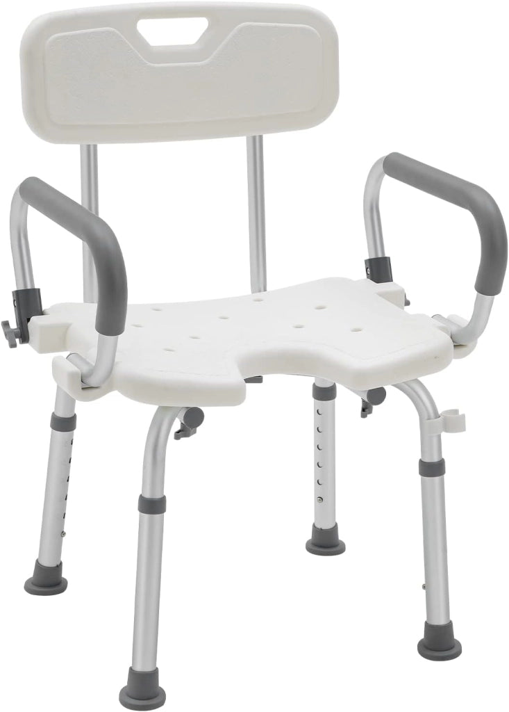 Sgabello da doccia per anziani, altezza regolabile, 37,5-50 cm, in alluminio, moderno, 150 kg, con schienale e braccioli