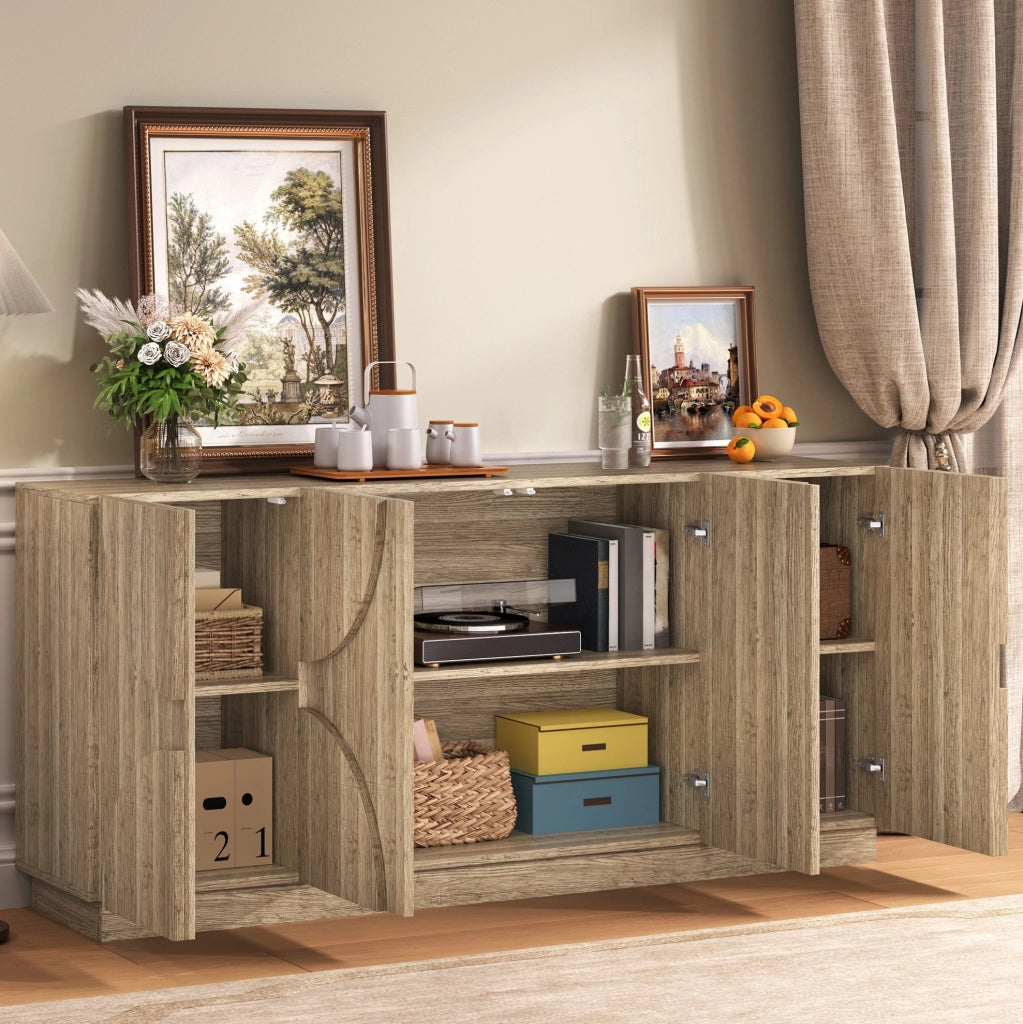 Sideboard in legno naturale 160x40x80 cm con ante a molla e ripiani regolabili