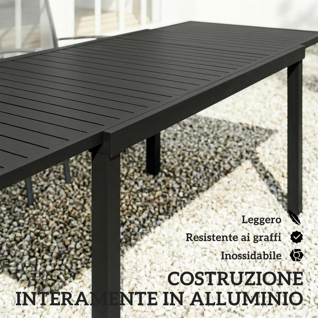 Tavolo da giardino allungabile per 6-8 persone, alluminio con piano a doghe, nero.
