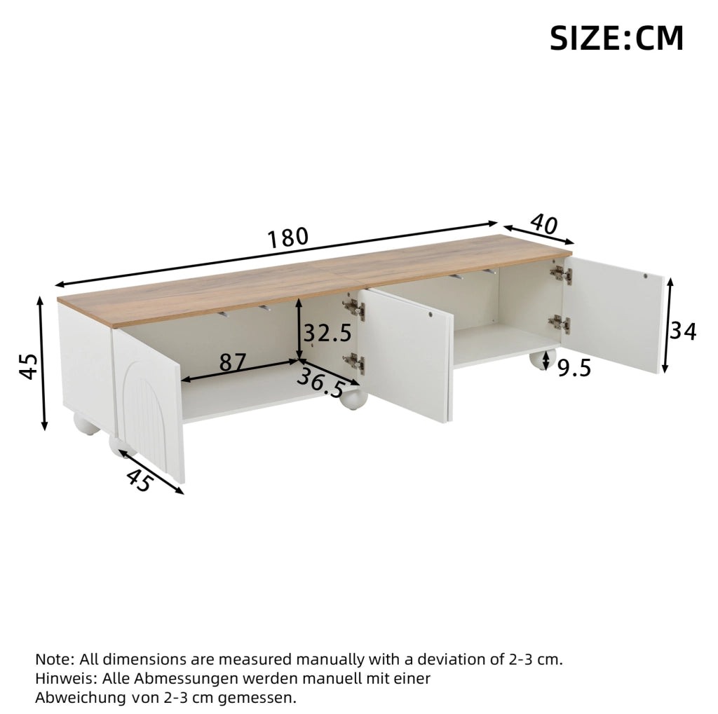 Mobile TV 180x40x45 cm con 4 ante; MDF; bianco e rovere