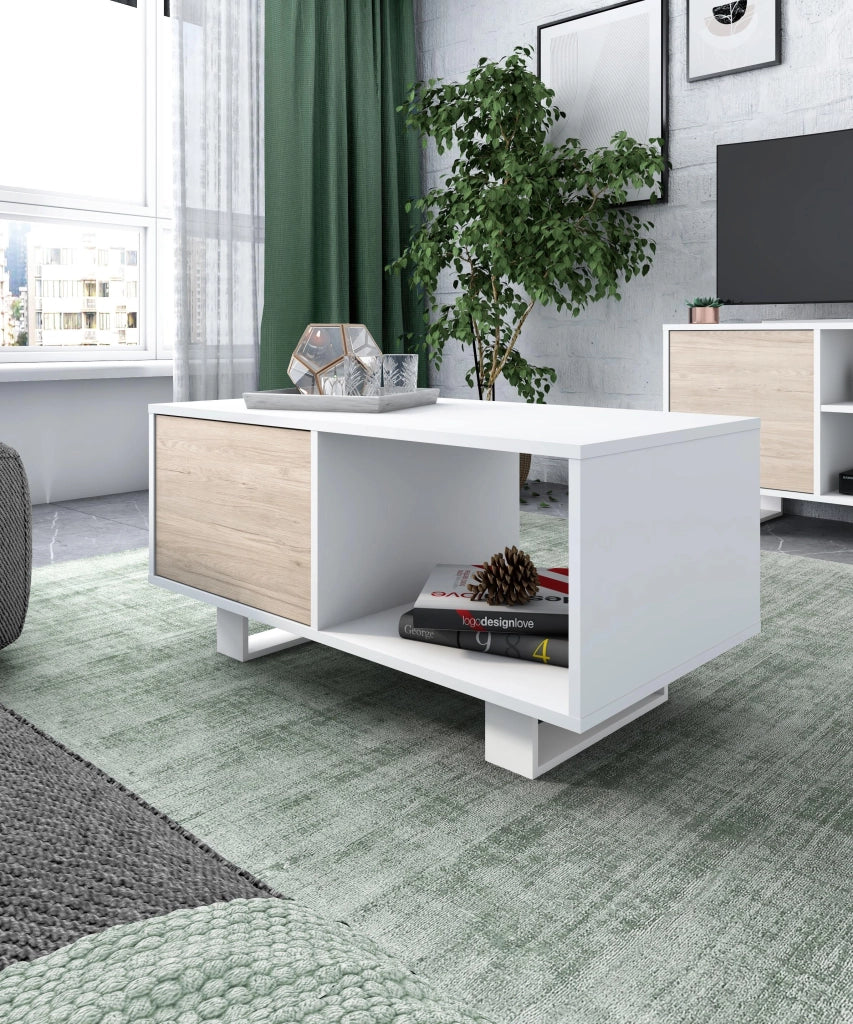 Mobile per Soggiorno composto da 1 Mobile TV100 e 1 Tavolino Bianco/colore Rovere, Gambe Bianche RF1126