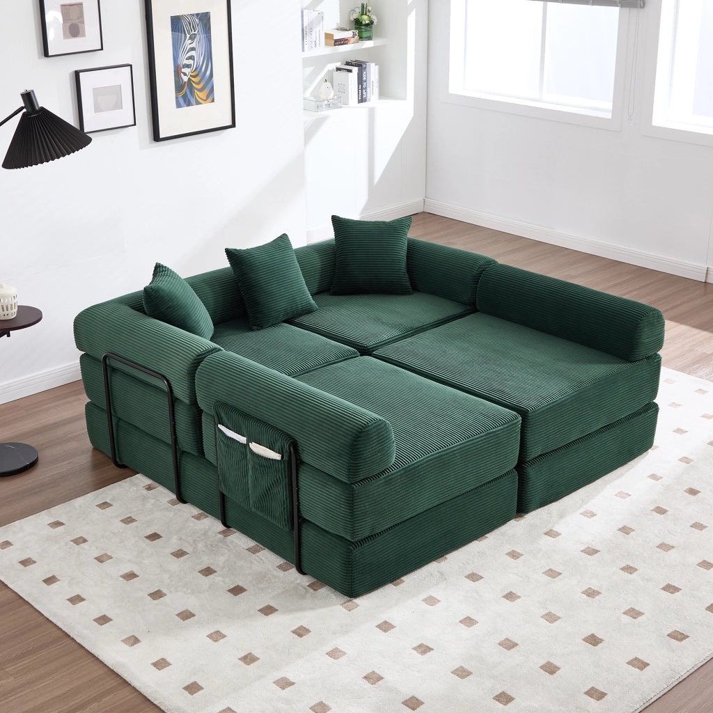 Canapé modulare con tasca laterale e funzione letto in velluto a coste verde smeraldo 270 × 180 × 64 cm