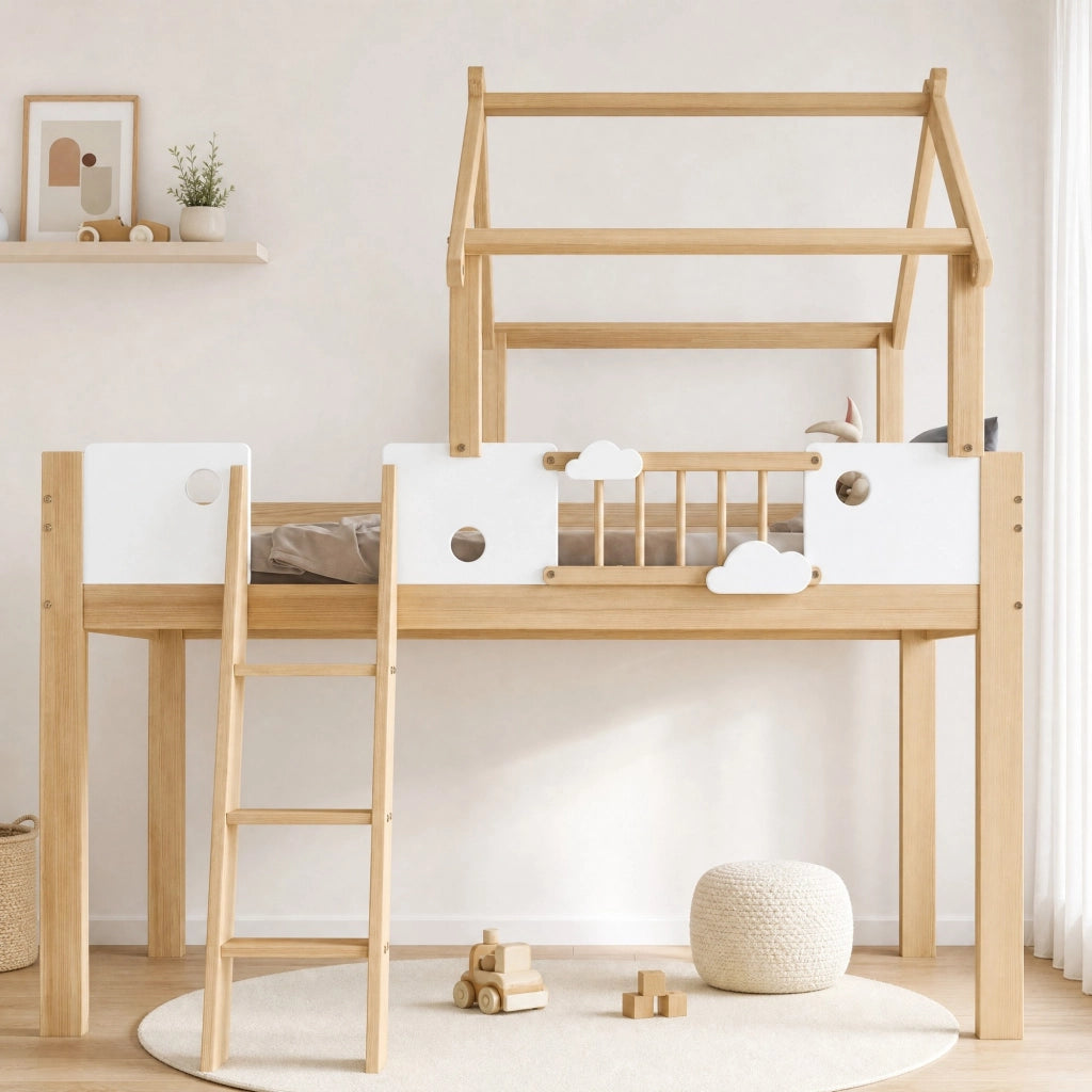 DESMIU Letto a soppalco letto per bambini 1 posto con sponde, scala a 3 gradini e tetto 90 × 200 cm, senza materasso
