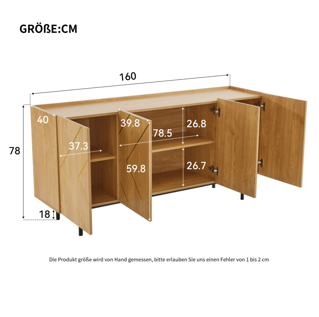 Credenza 160x40x78 cm con 4 ante e ripiani regolabili in truciolare naturale