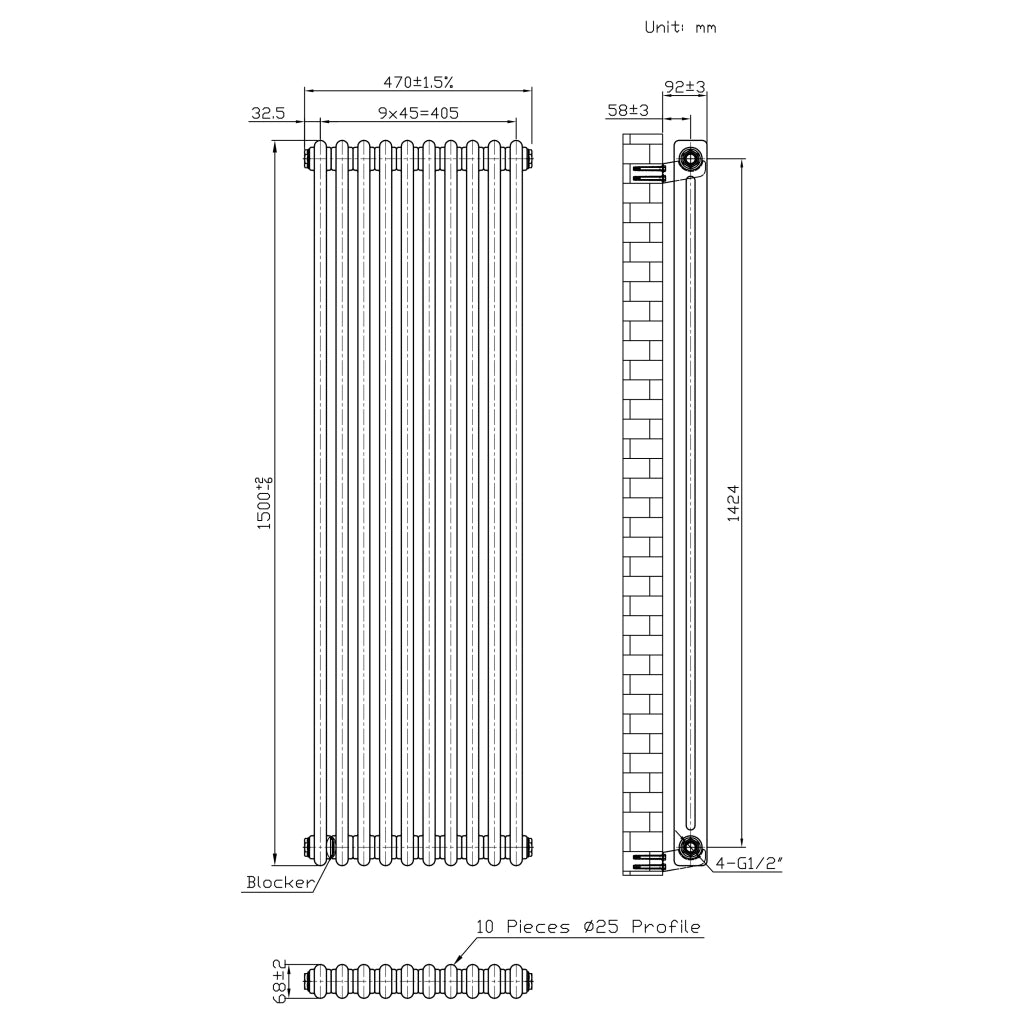 Radiatore 2 Colonne Verticale Metallo Grezzo 1500 x 470 mm TRV
