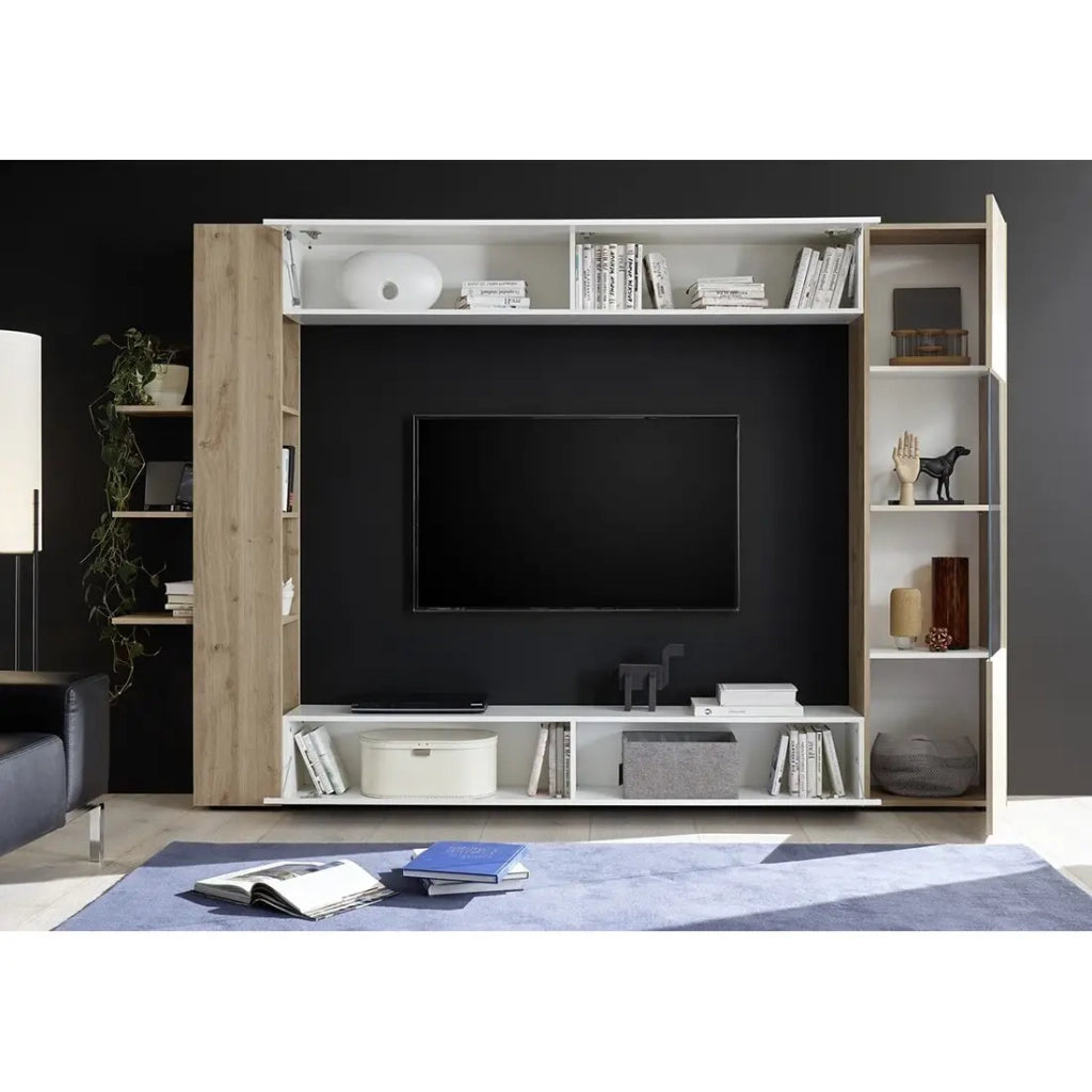Composizione mobili soggiorno con contenitori, collezione VASCO, bianco laccato/quercia chiara