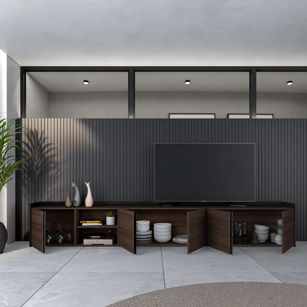 Mobile TV Soggiorno, 309x50x35 cm, Per TV fino a 80", Mobile Soggiorno, Rovere scuro e Nero