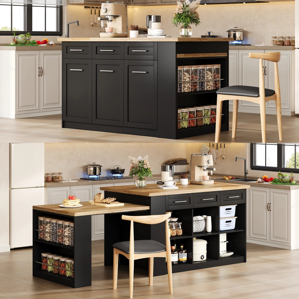 Isola cucina multifunzionale - Zephmum - 150x96 cm - Nero - Tavolo estraibile, piano laminato, armadi integrati