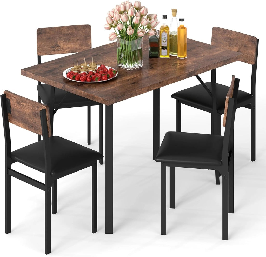 Set da Pranzo 5 Pezzi per 4 Persone, Tavolo da Cucina Industriale e 4 Sedie Imbottite in Pelle Finta con Gambe in Metallo, Set da Pranzo Salvaspazio per Piccoli Appartamenti e Angolo