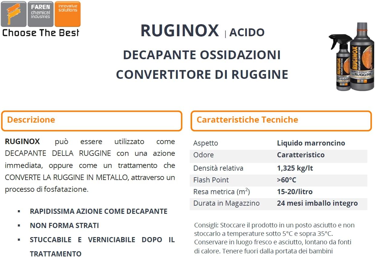 Ruginox Faren convertitore ruggine sciogli ruggine 750ml vernice solventi ferro