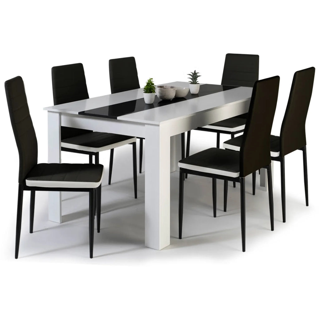 IDMarket - Tavolo da pranzo GEORGIA 140 cm bianco e nero e 6 sedie ROMANE nere con bordo bianco