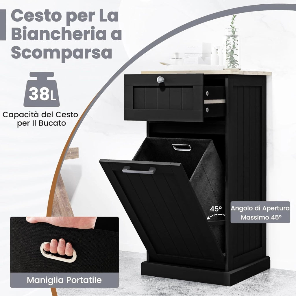 Mobile con Cesta Portabiancheria 40x37x82 cm, Cesto per Biancheria con Cassetto, Mobile Multiuso da Bagno (Nero)