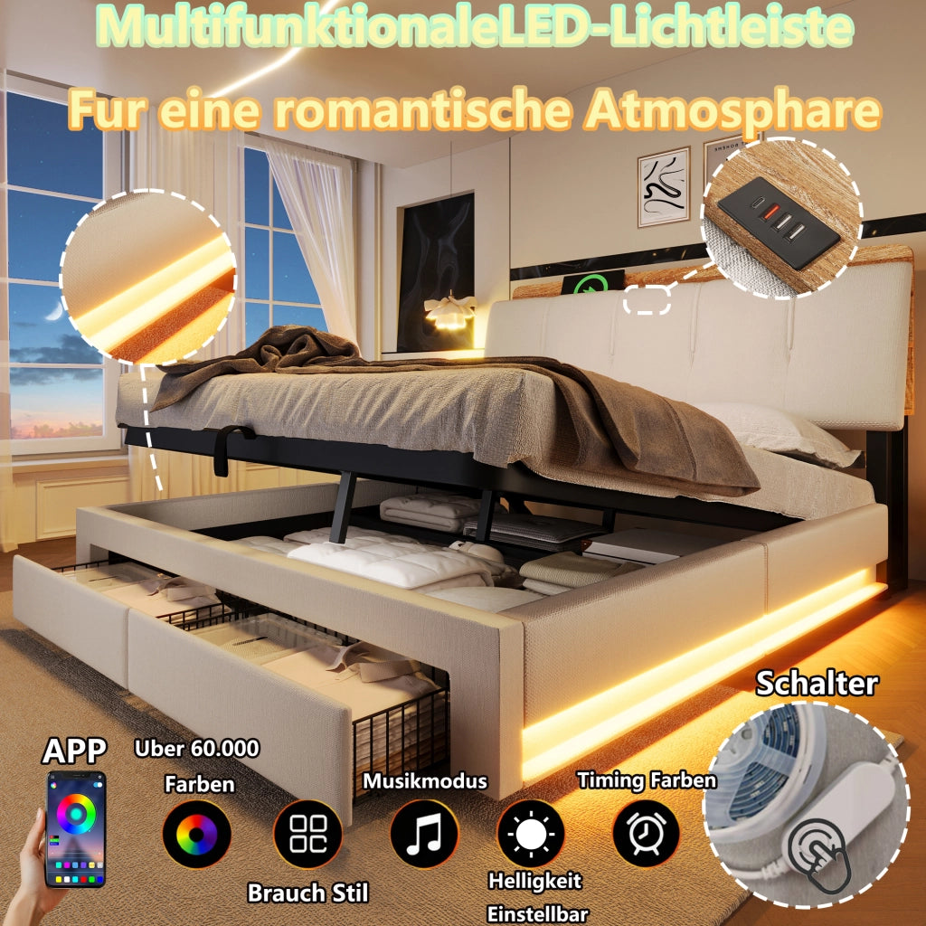 LETTO Contenitore 140x200 cm in lino beige con USB, Type-C e LED