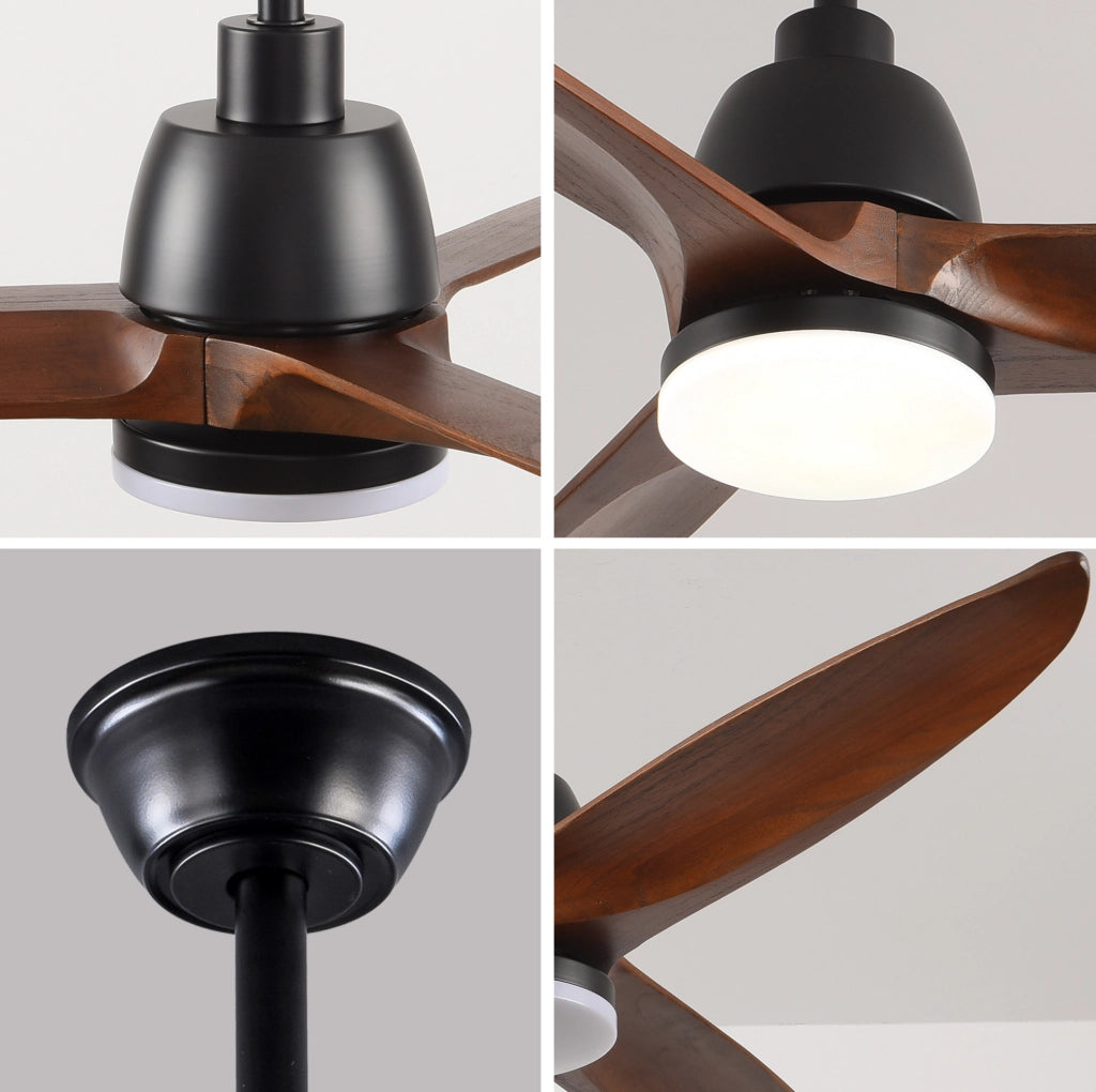 Ventilatore a soffitto 52" con luce LED dimmerabile e telecomando, legno noce e nero