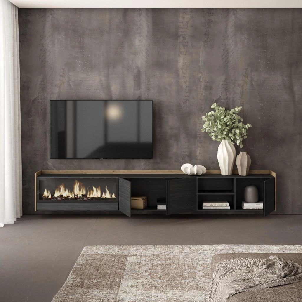 Mobile TV Soggiorno, 315x50x35 cm, Per TV fino a 80", Camino elettrico XXL, Sospeso, da appendere, Nero e rovere